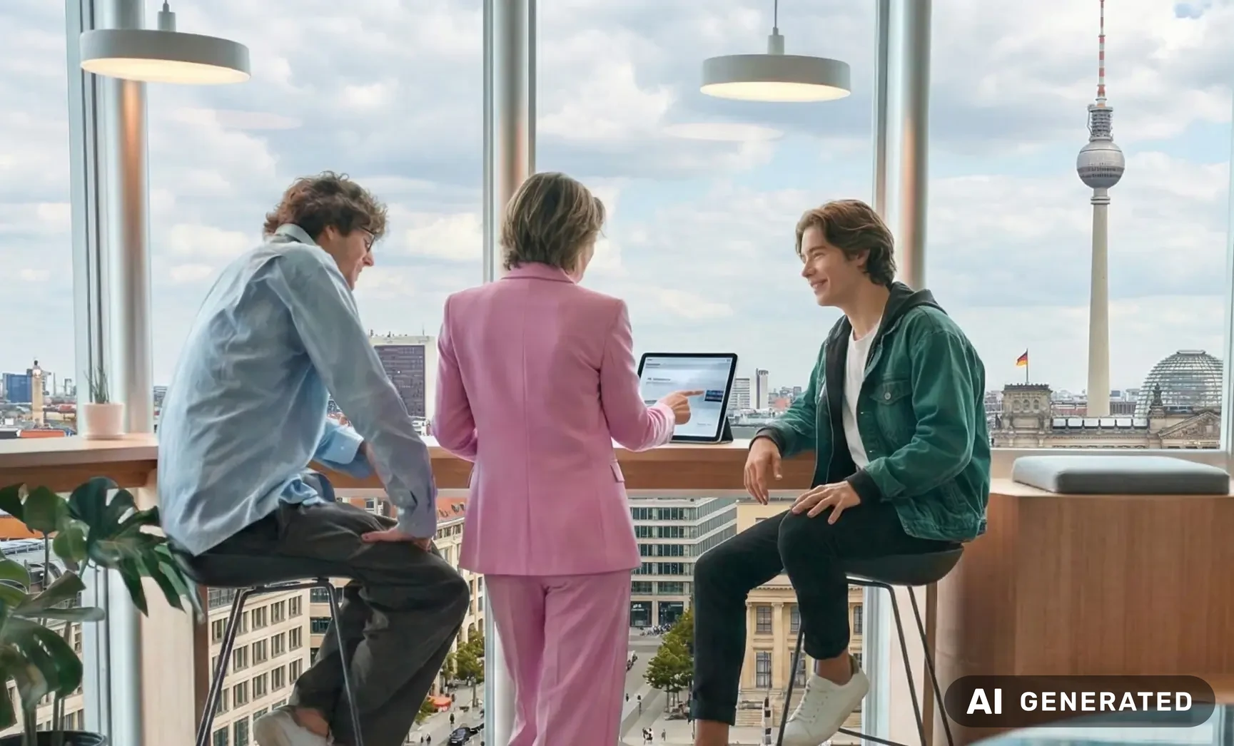 Drei Kolleginnen und Kollegen besprechen sich mit Tablet vor der Berliner Skyline