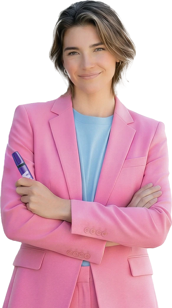 Frau im rosa Anzug mit verschränkten Armen und einem Marker in der Rechten.