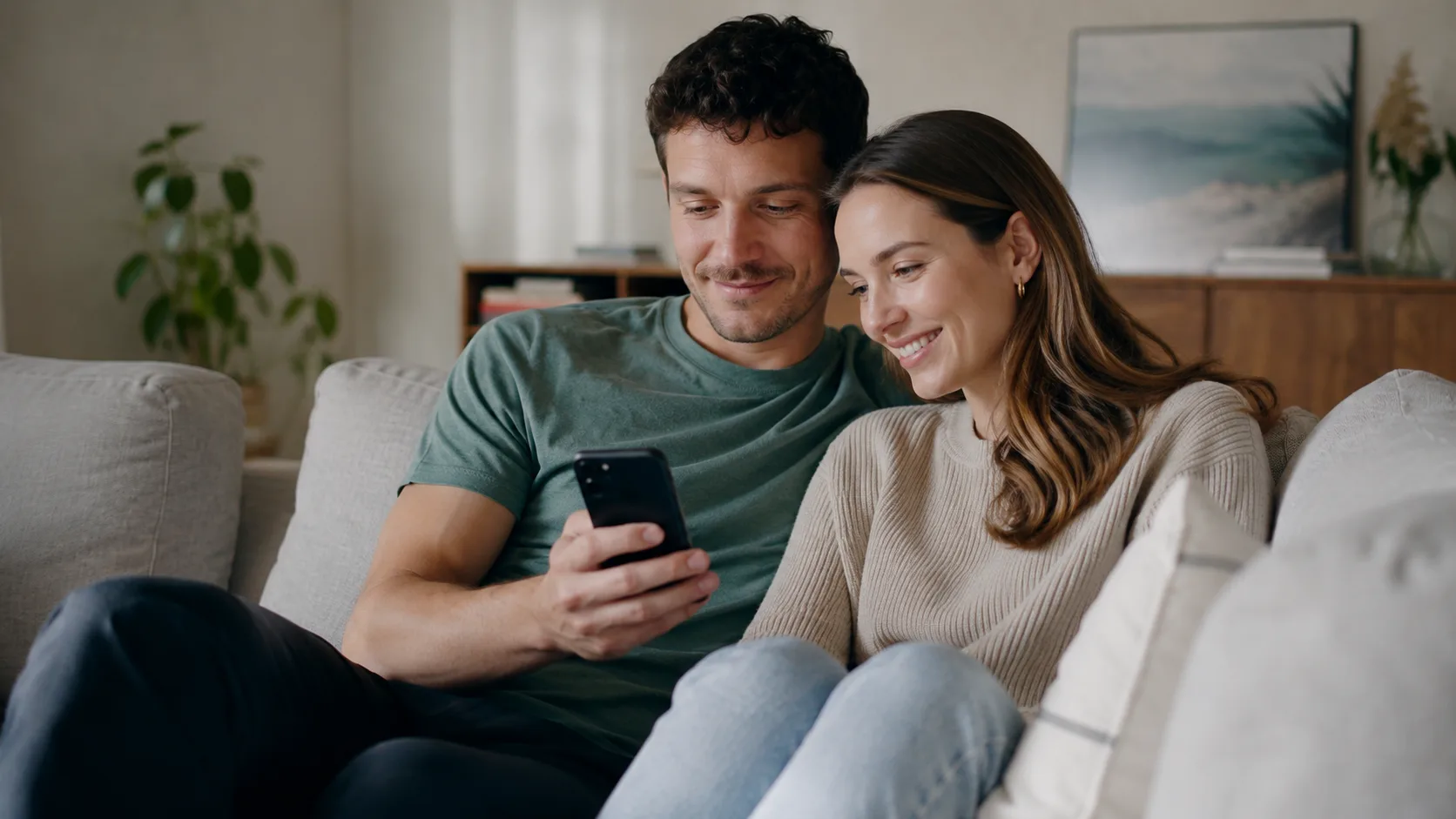 Paar schaut entspannt auf dem Sofa gemeinsam auf ein Smartphone