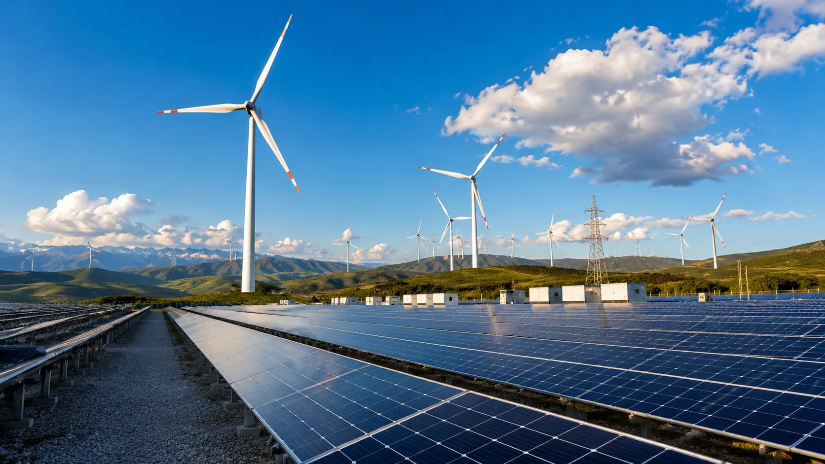 Solarpark und Windräder unter blauem Himmel