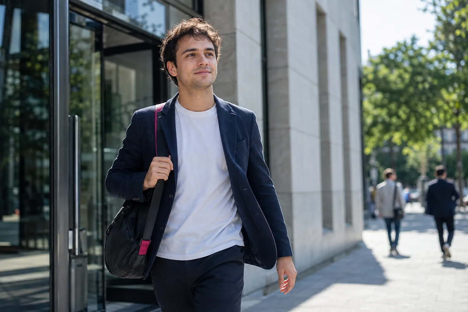 Junger Mann mit Tasche verlässt selbstbewusst ein modernes Bürogebäude