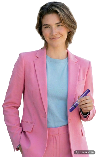 Frau im rosa Anzug lächelt in die Kamera und hält einen Stift in der Hand