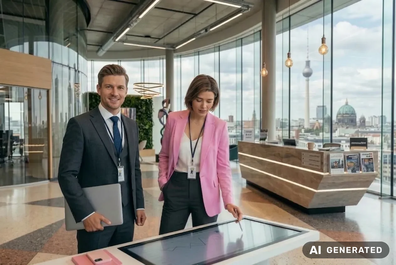 Wirtschaftsprüferin und Kollege arbeiten an einem digitalen Tisch mit Blick über Berlin