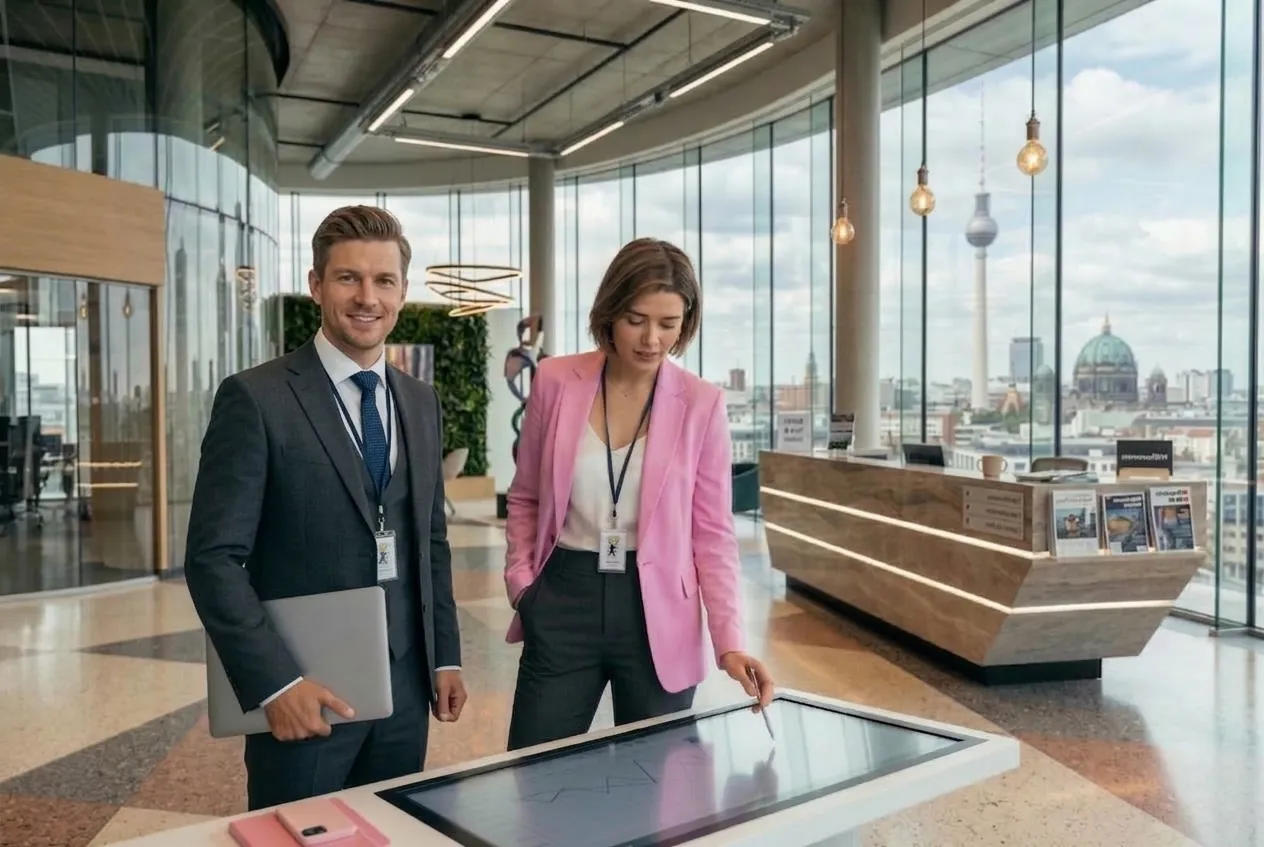 Wirtschaftsprüferin und Kollege arbeiten an einem digitalen Tisch mit Blick über Berlin