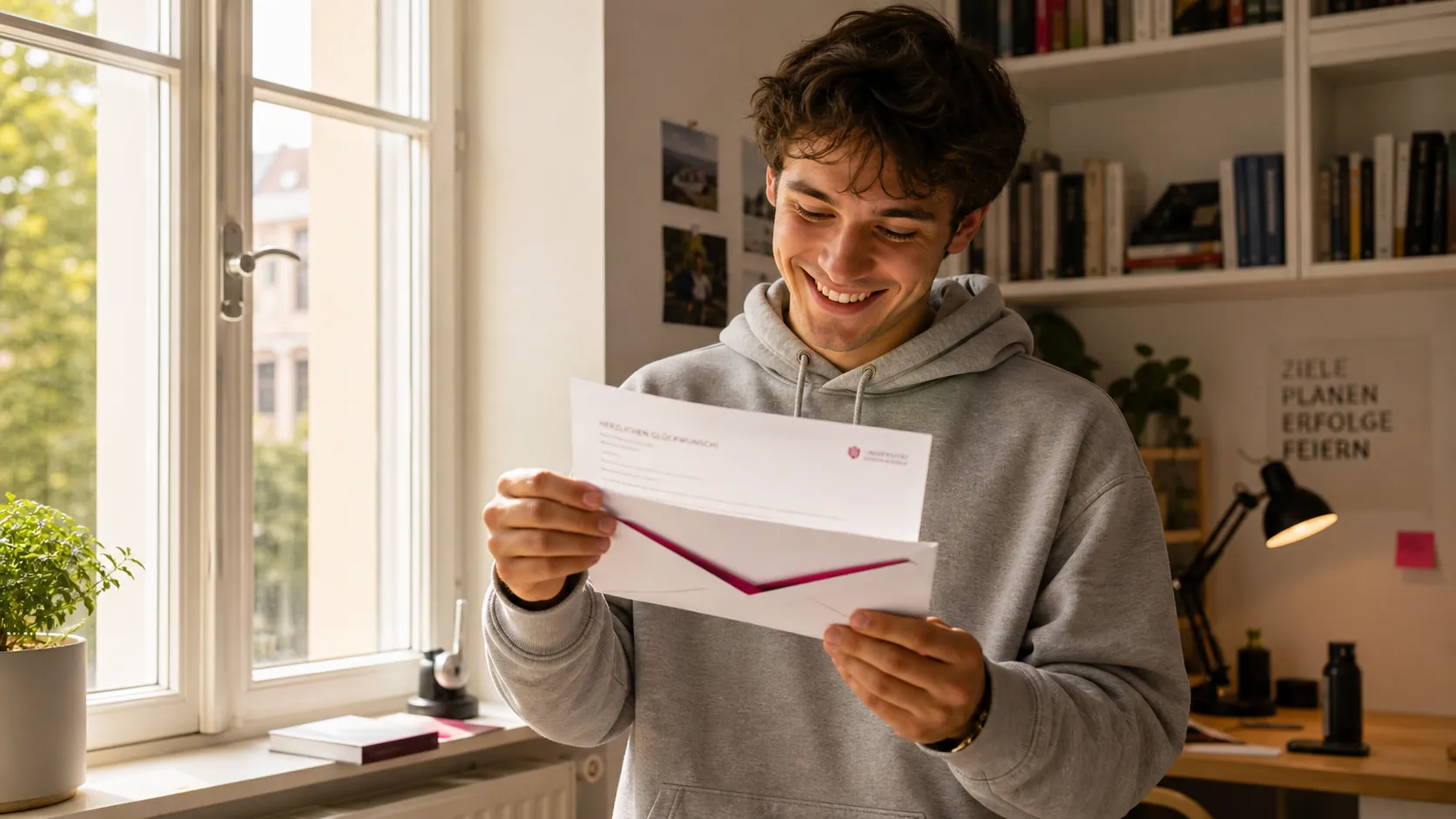 Junger Mann liest freudig den Zulassungsbescheid der Wirtschaftsprüferkammer