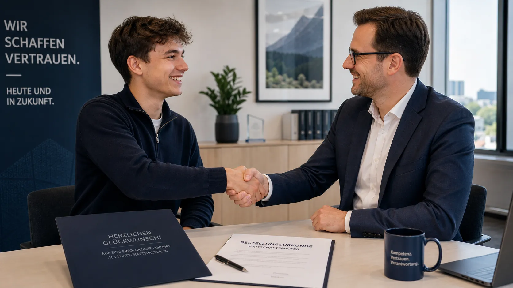 Handschlag nach bestandenem Wirtschaftsprüferexamen, Bestellungsurkunde liegt auf dem Tisch