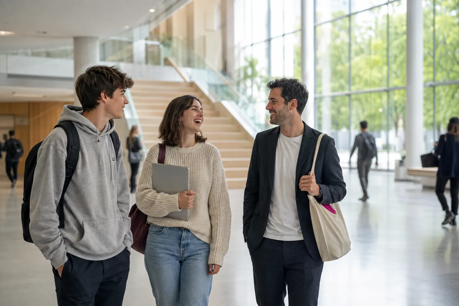 Drei junge Menschen unterhalten sich lachend im Foyer einer Hochschule