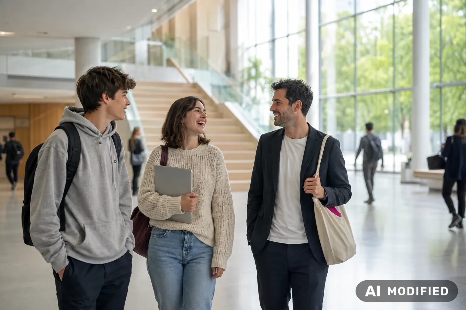 Drei junge Menschen unterhalten sich lachend im Foyer einer Hochschule