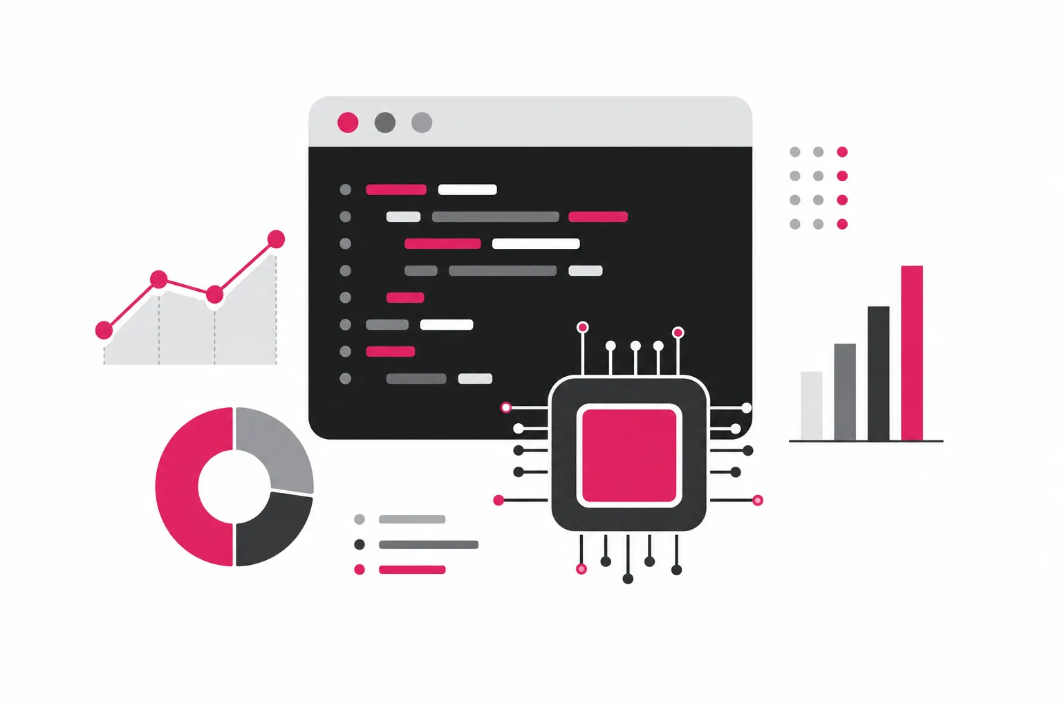 Illustration Informatik: Code-Fenster, Prozessorchip und Diagramme
