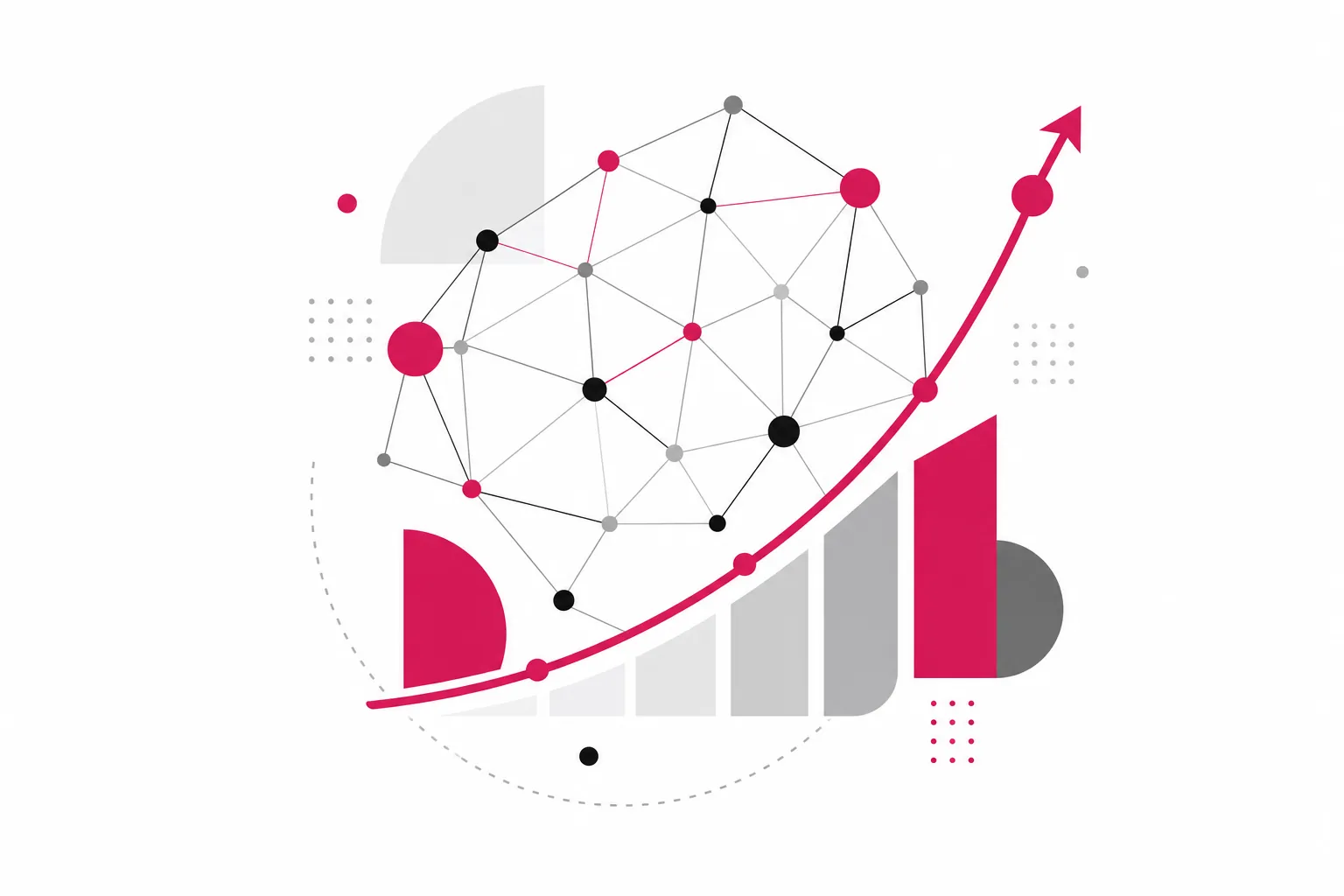 Illustration Mathematik: Netzwerk aus Punkten und Linien mit steigender Kurve