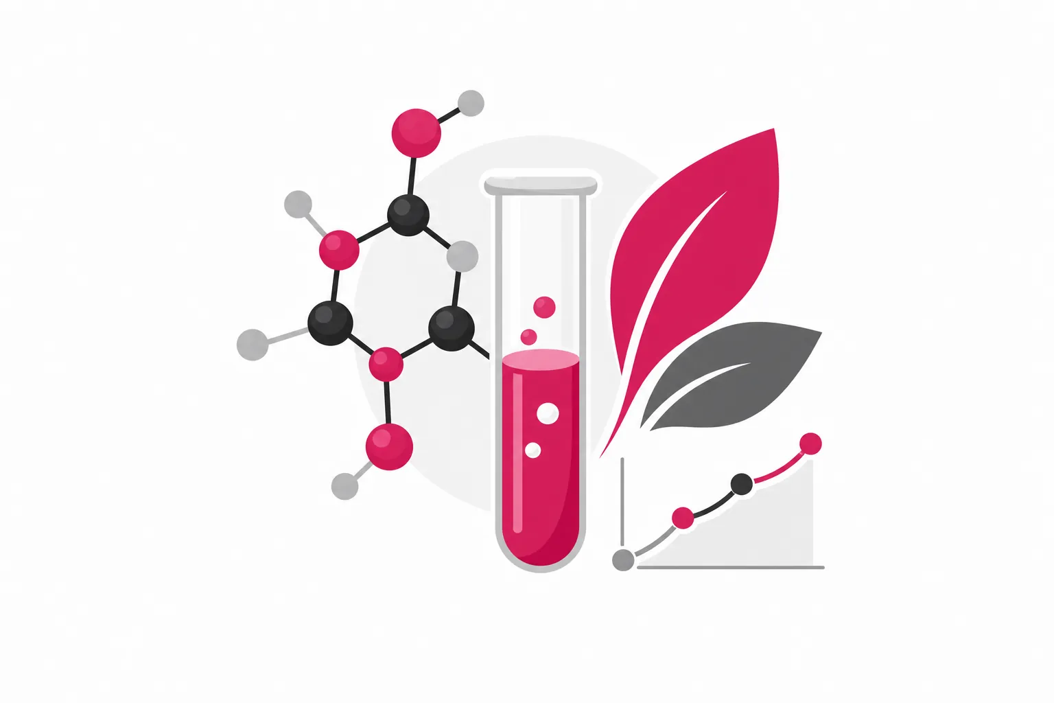 Illustration Naturwissenschaften: Molekül, Reagenzglas und Blatt