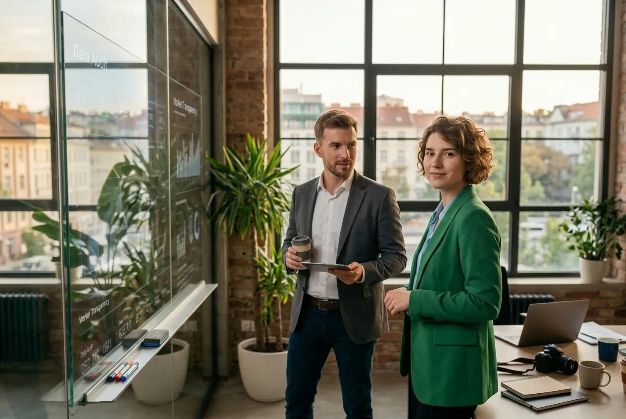 Zwei Wirtschaftsprüfer besprechen sich mit Tablet und Kaffee in einem hellen Büro