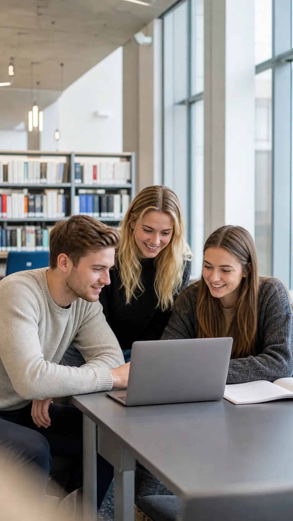 Drei Studierende arbeiten gemeinsam am Laptop in der Hochschulbibliothek