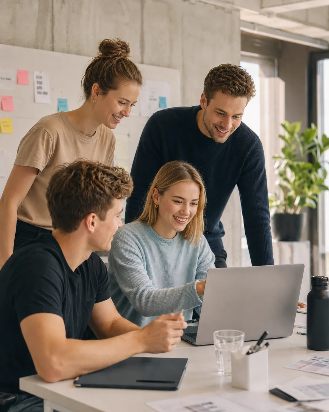 Junges Team einer Wirtschaftsprüfungsgesellschaft arbeitet lachend am Laptop