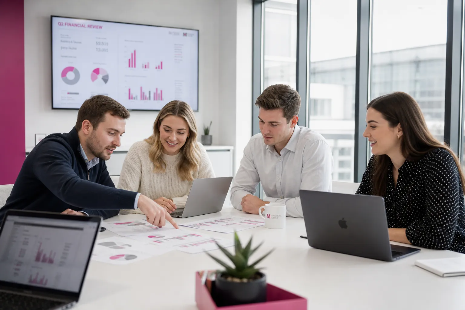 Prüfungsteam bespricht Auswertungen im Besprechungsraum