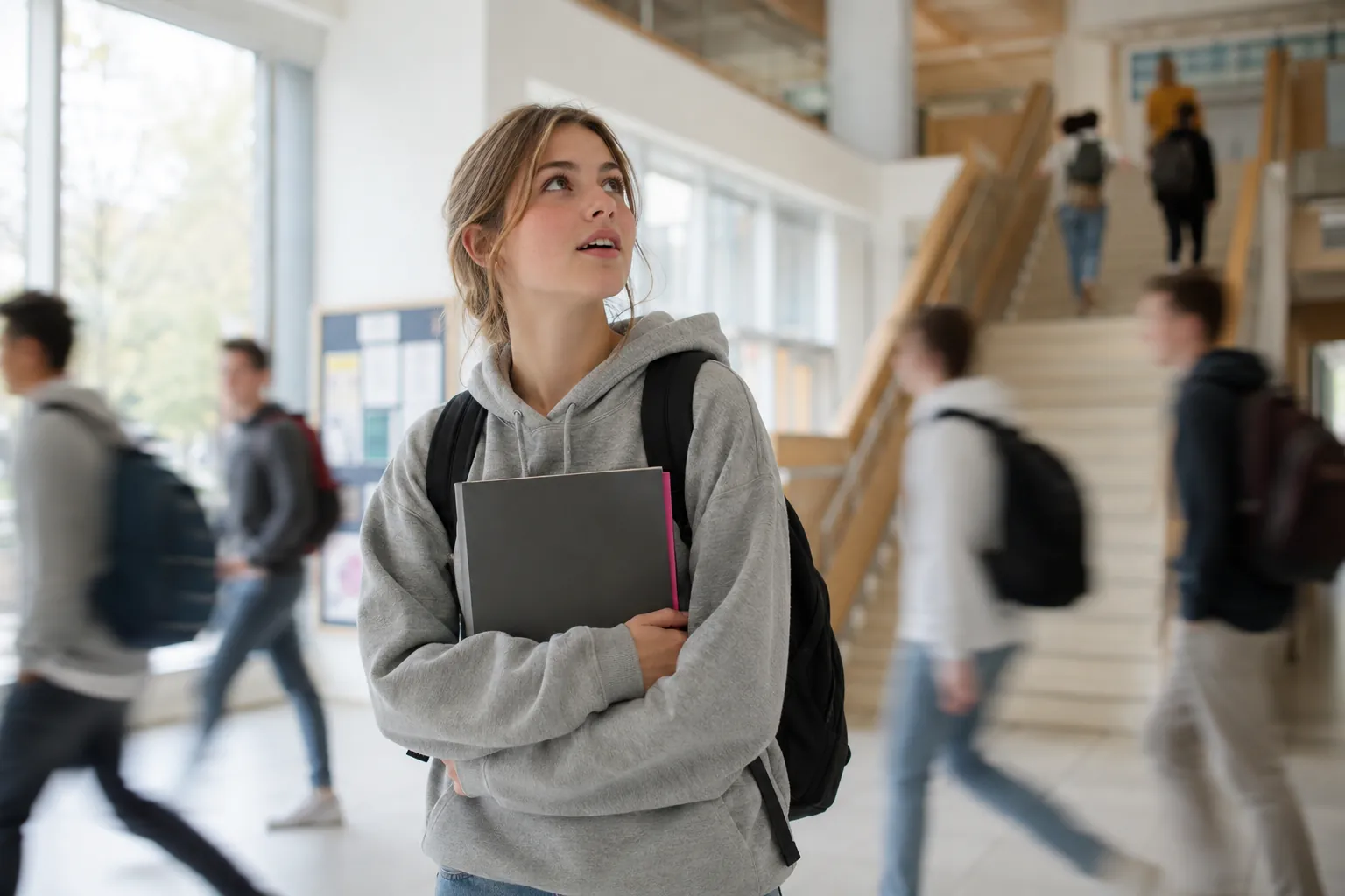 Studentin mit Laptop schaut sich neugierig im Gebäude der Universität um