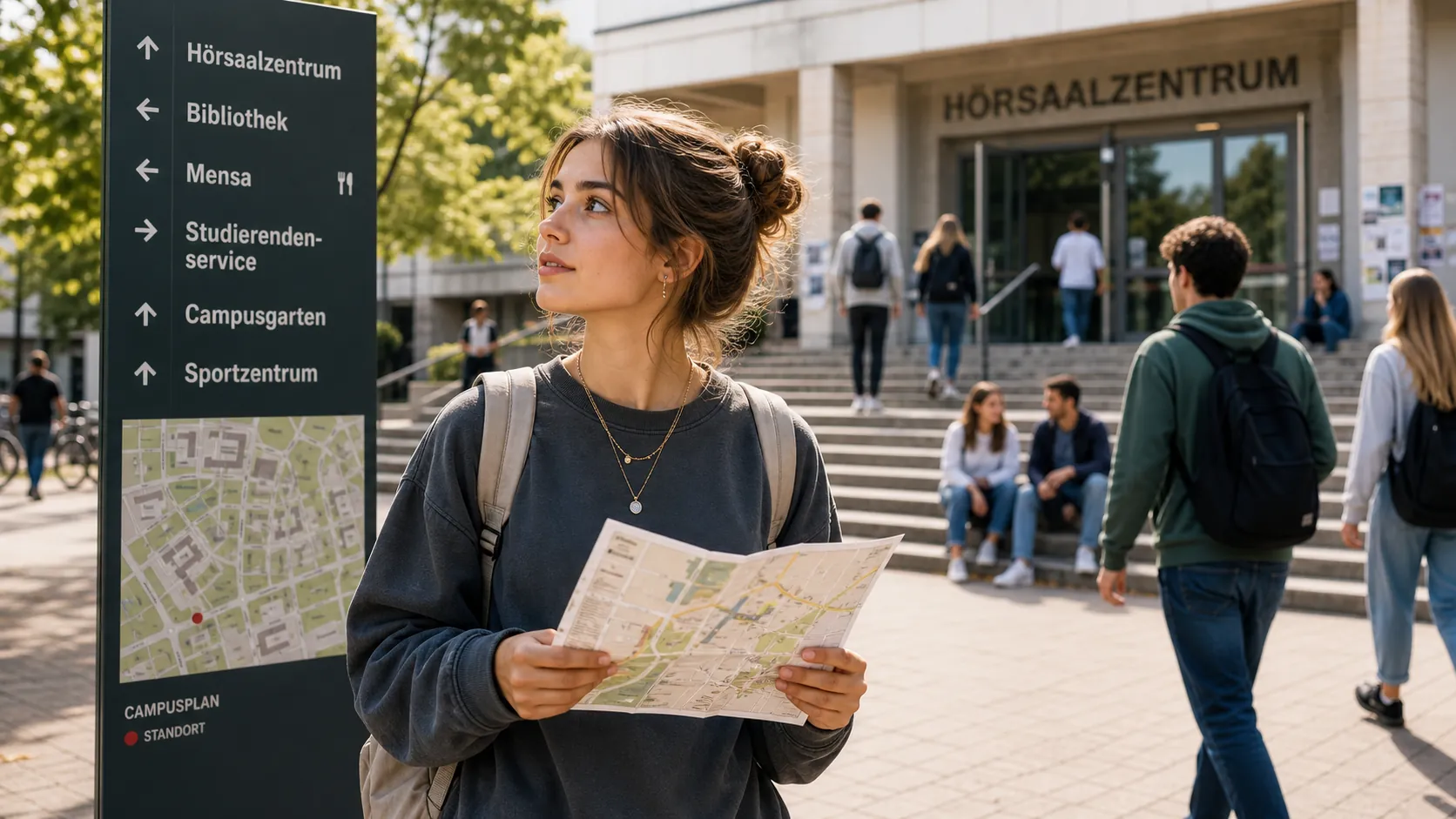 Studentin mit Campusplan vor dem Hörsaalzentrum einer Universität