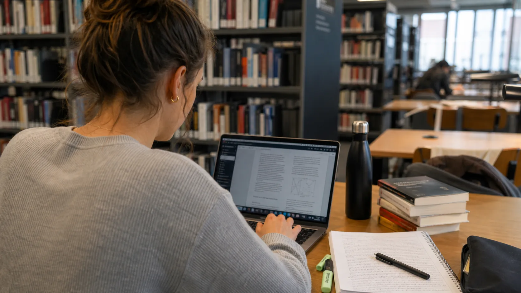 Studentin lernt mit Laptop und Büchern in der Universitätsbibliothek