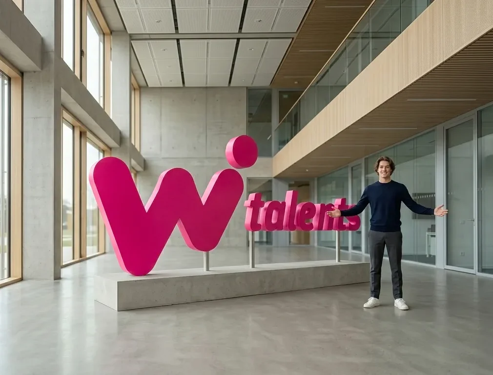 Junger Mann präsentiert die magentafarbene WP-Talents-Skulptur in einem Foyer
