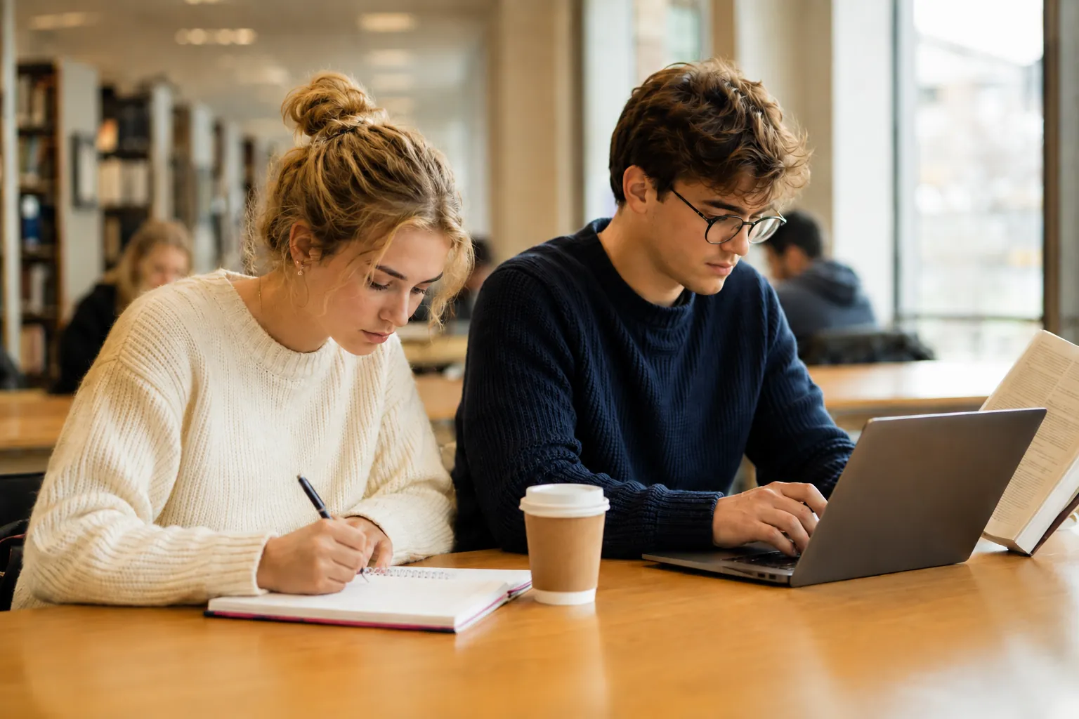 Zwei Studierende lernen gemeinsam mit Laptop und Notizen in der Bibliothek
