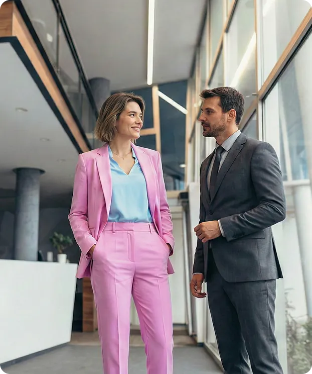 Wirtschaftsprüferin im rosa Anzug im Gespräch mit einem Kollegen im Büro