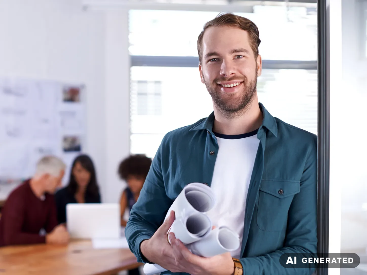 Junger Architekt mit Bauplänen im Büro